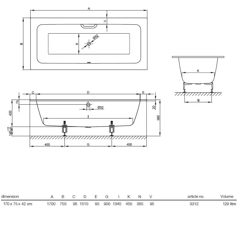 картинка Стальная ванна Bette One 170х75 см, 3312-000 от магазина Одежда+